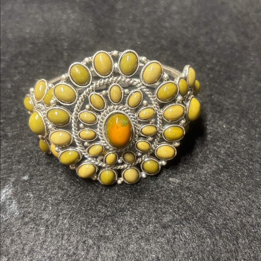 Vintage Silver tone and Yellow Amber  Stone Bracelet . Cuff
